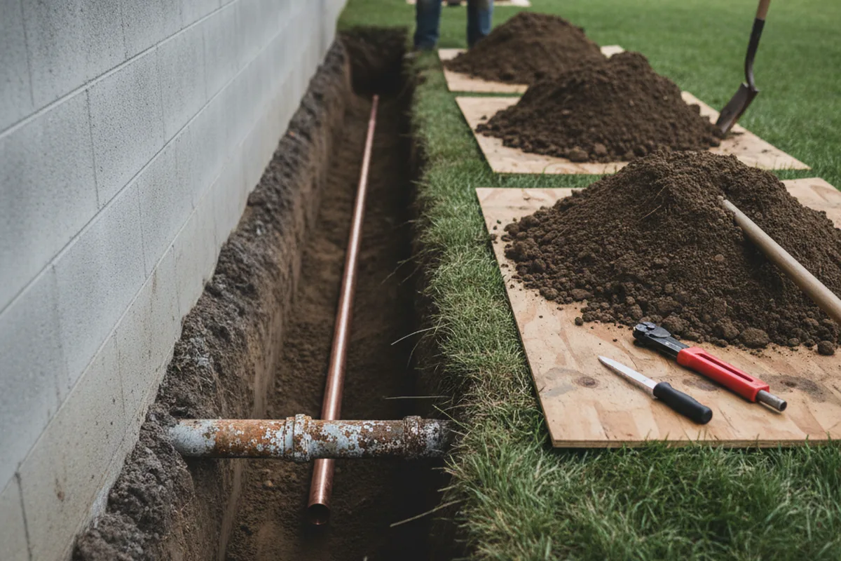 Excavated water line trench during Water Heater Repair in Evans Mills